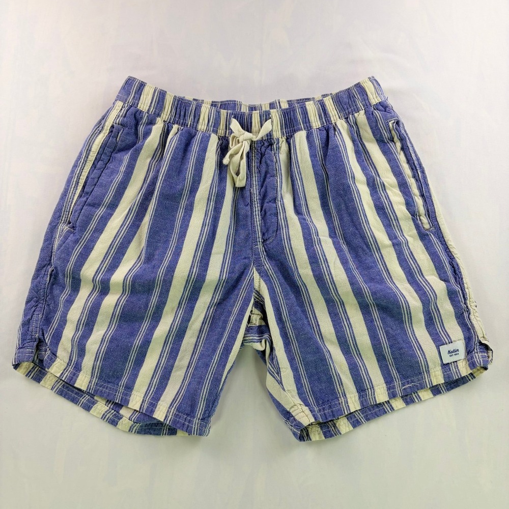 Katin Striped Elastic Waist Shorts Mens Medium Blue Cream Linen Blend 6" Inseam